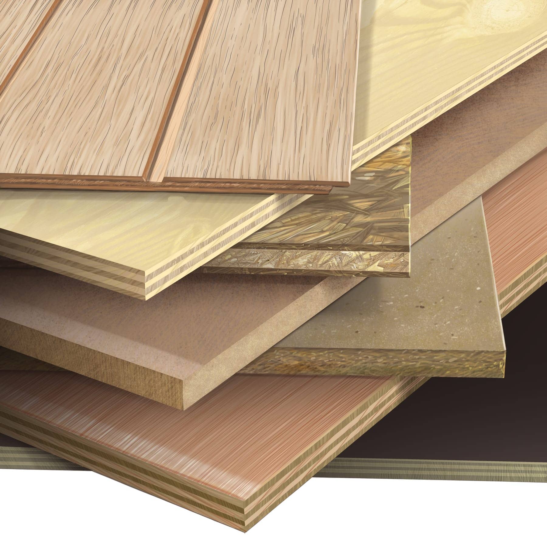 Cross-section of stacked plywood, OSB and MDF panels