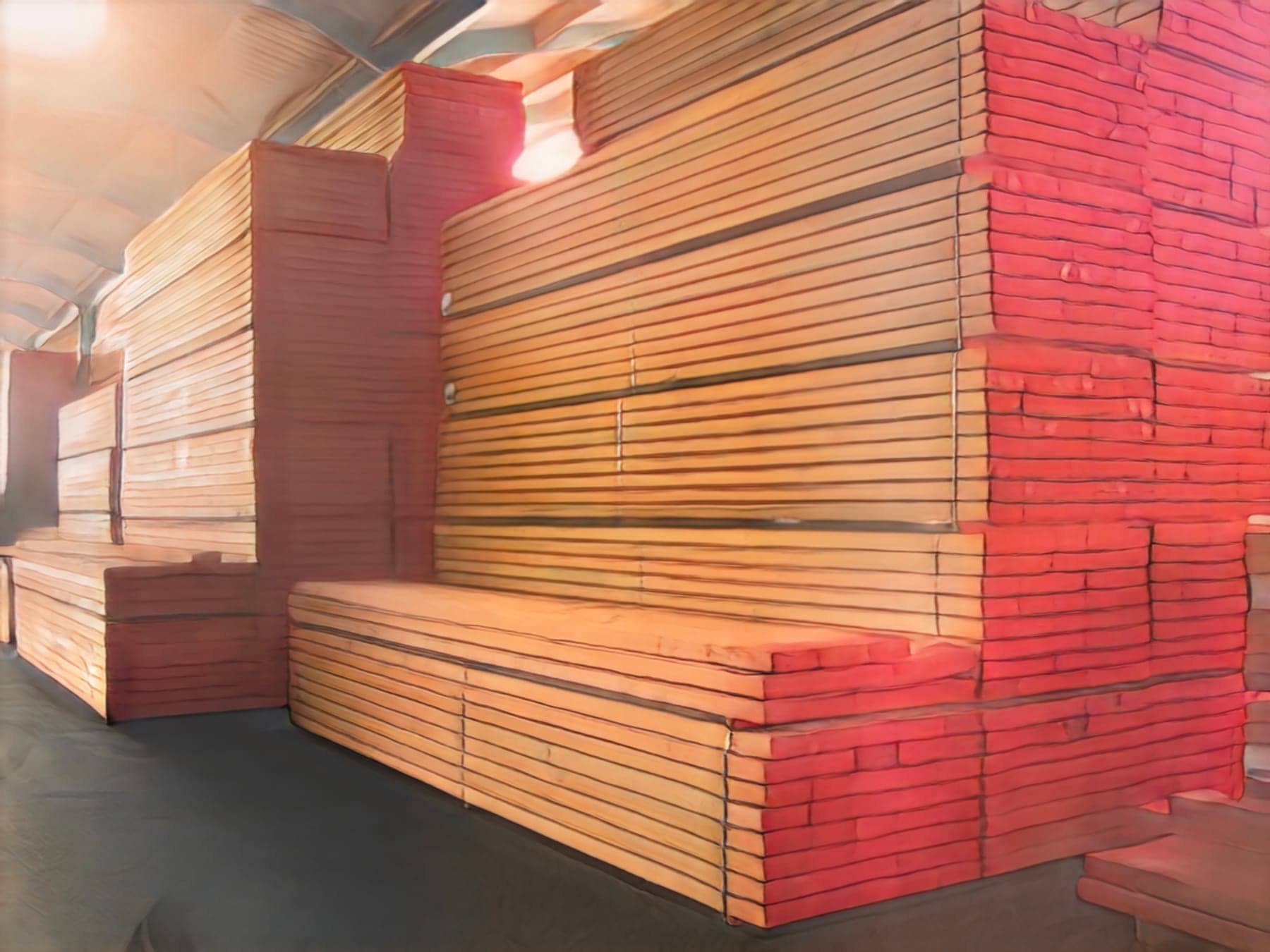 Packs of planed softwood in the depot
